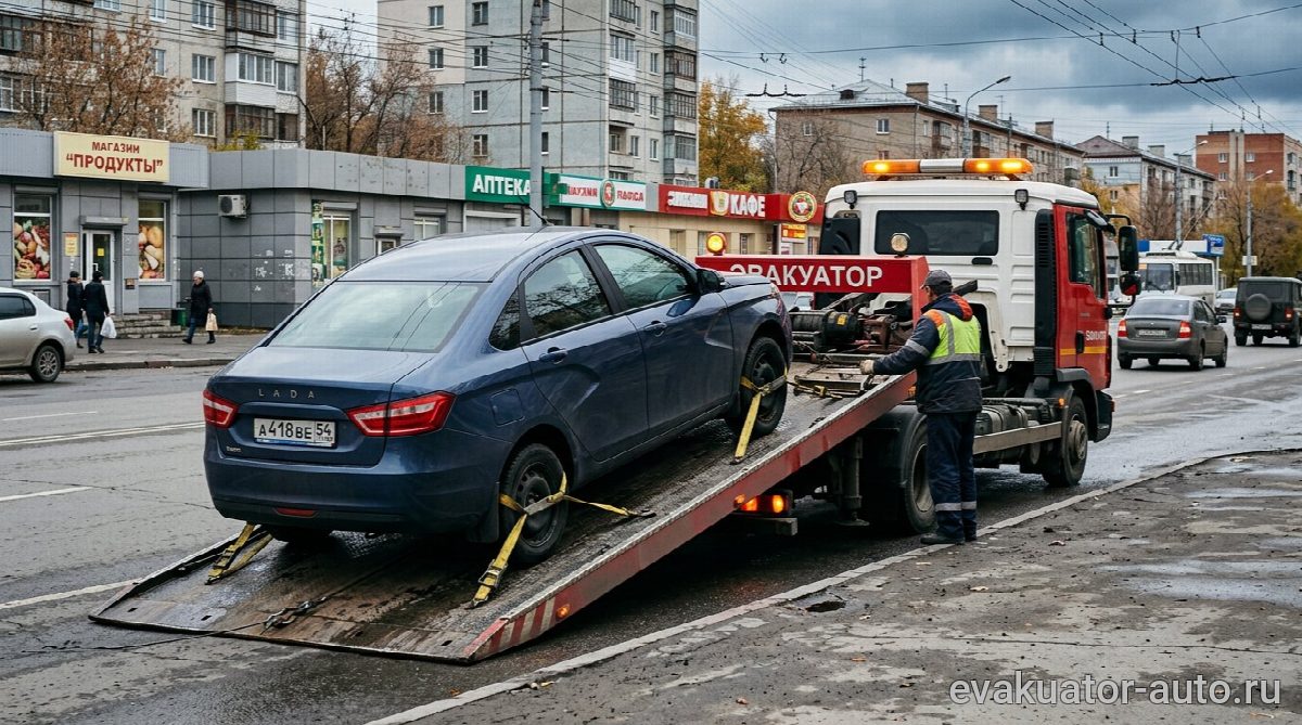 Эвакуатор загружает автомобиль с заблокированным рулем