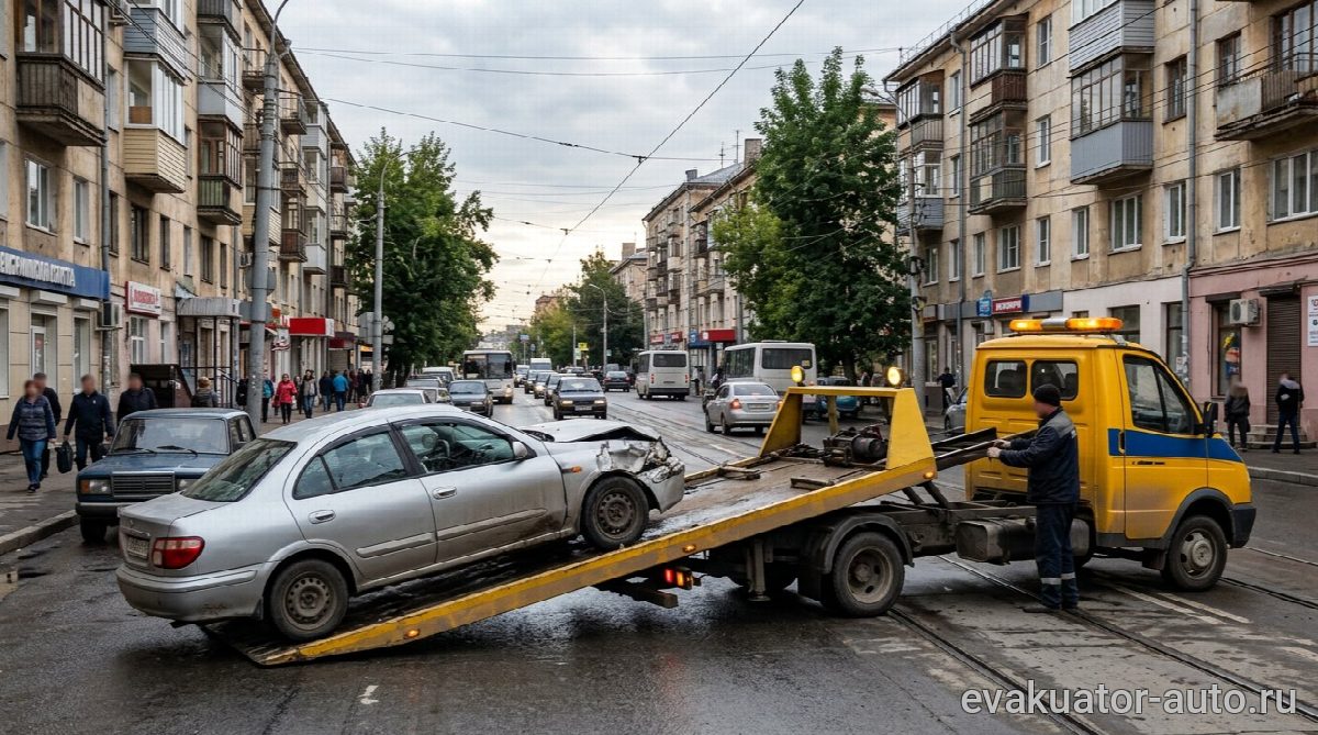 Эвакуатор загружает легковой автомобиль в Советском районе Нижнего Новгорода