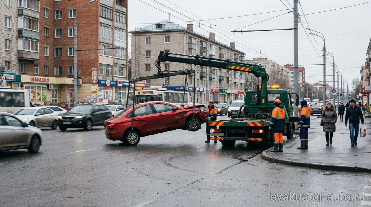 Эвакуатор с манипулятором работает с автомобилем после ДТП