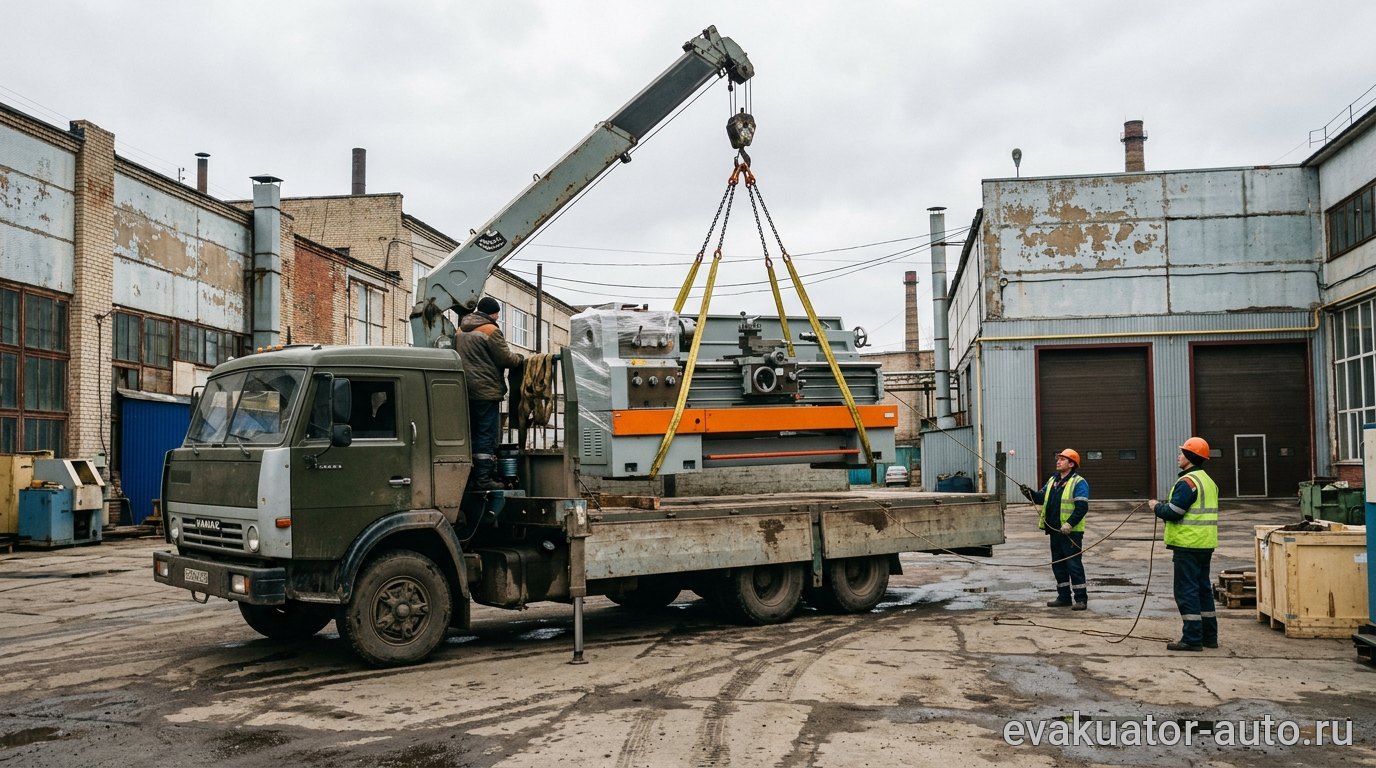 Автомобиль-манипулятор выполняет подъём промышленного станка на территории завода в Нижнем Новгороде