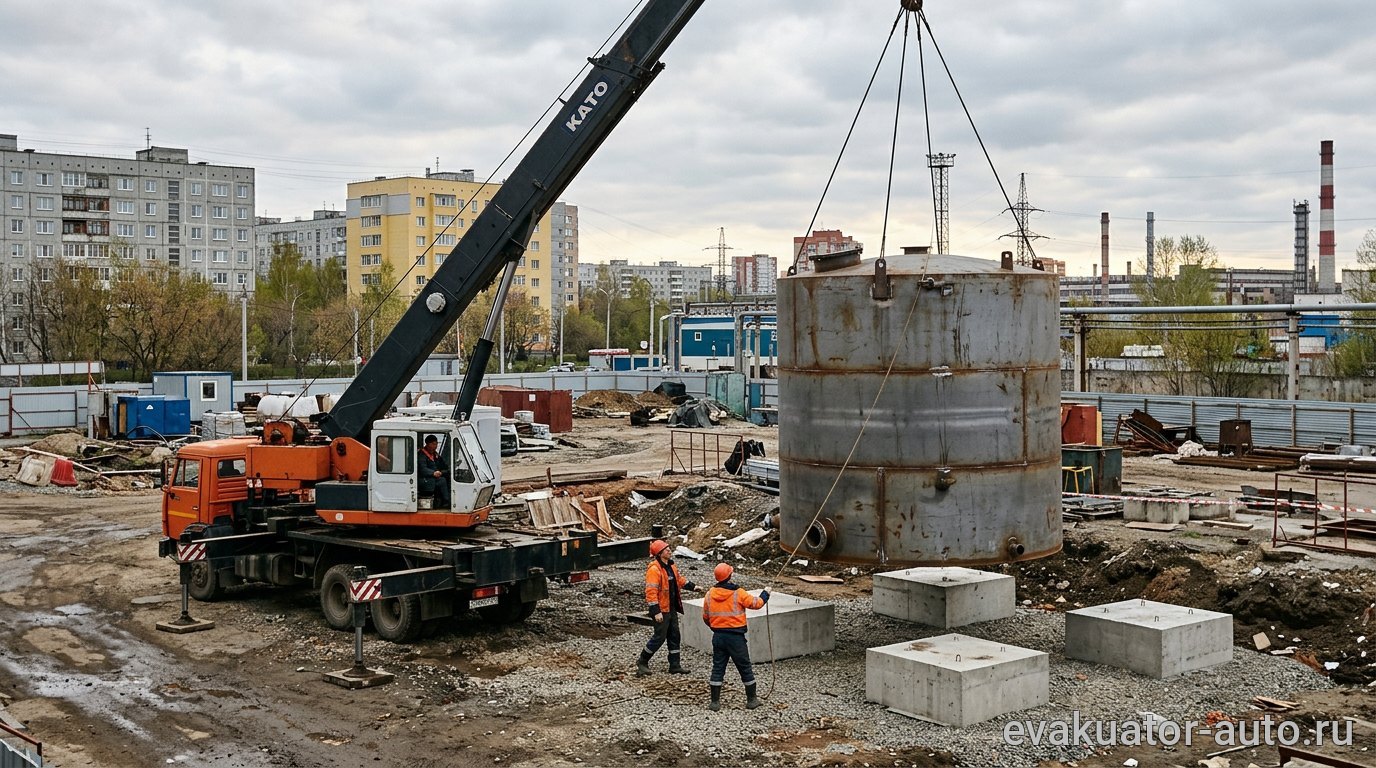 Такелажные работы по установке металлической ёмкости с помощью манипулятора