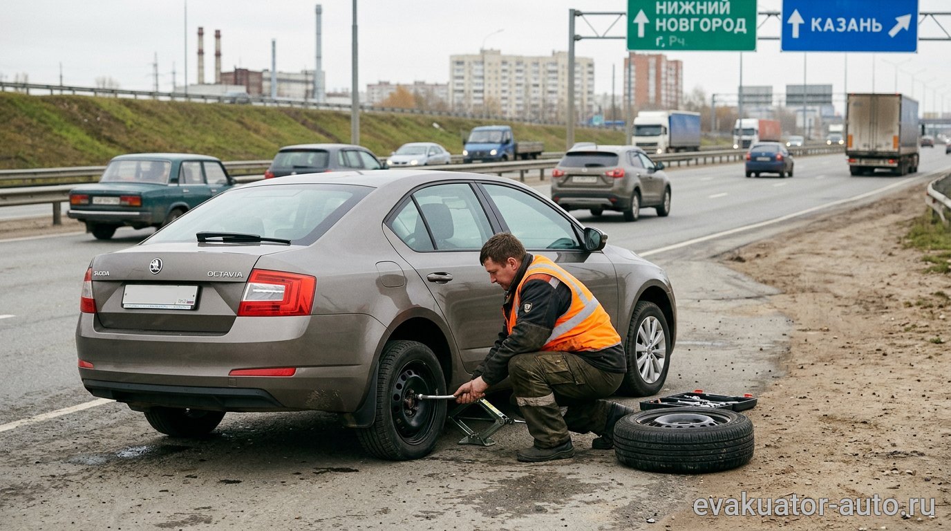 Специалист техпомощи меняет колесо на автомобиле в районе Московского шоссе