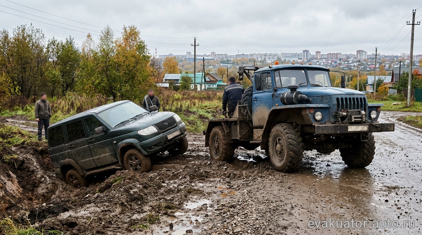 Внедорожный эвакуатор с лебёдкой вытаскивает автомобиль из глубокого кювета