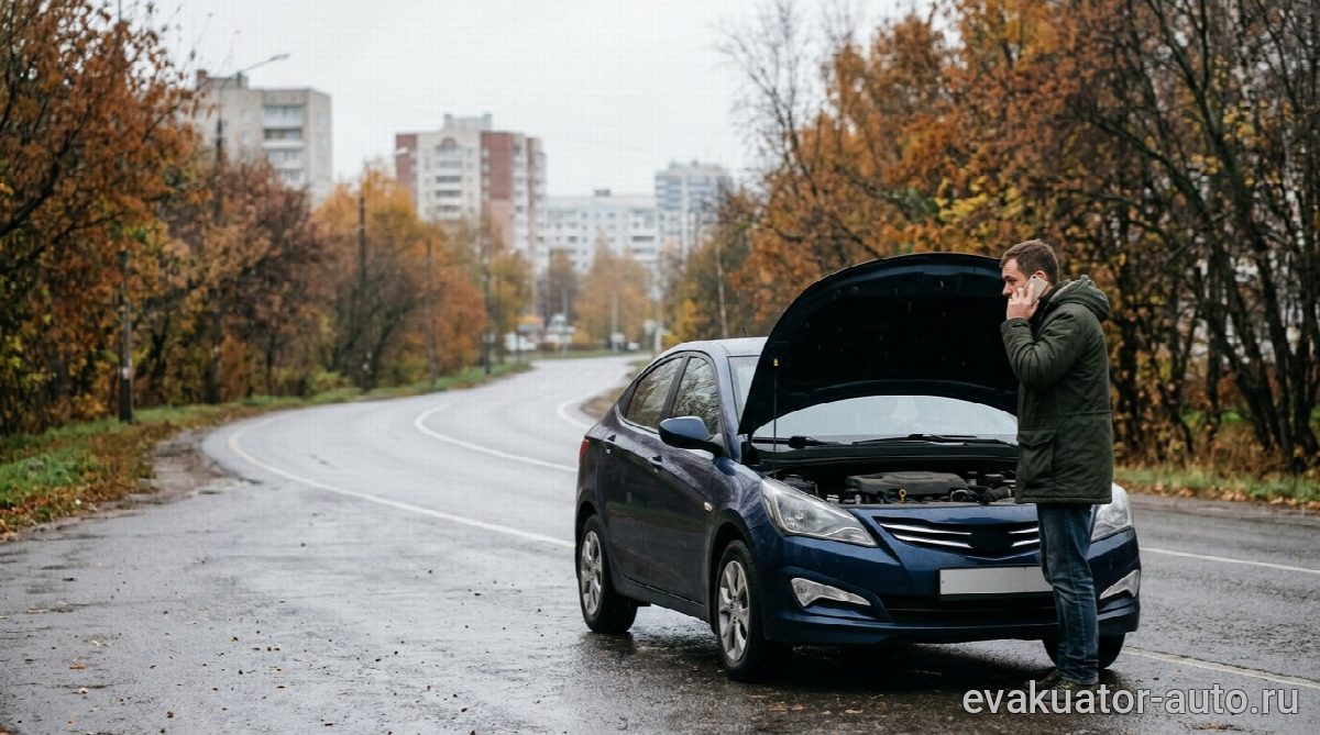 Автомобиль стоит на обочине с открытым капотом после того, как начал дёргаться и глохнуть