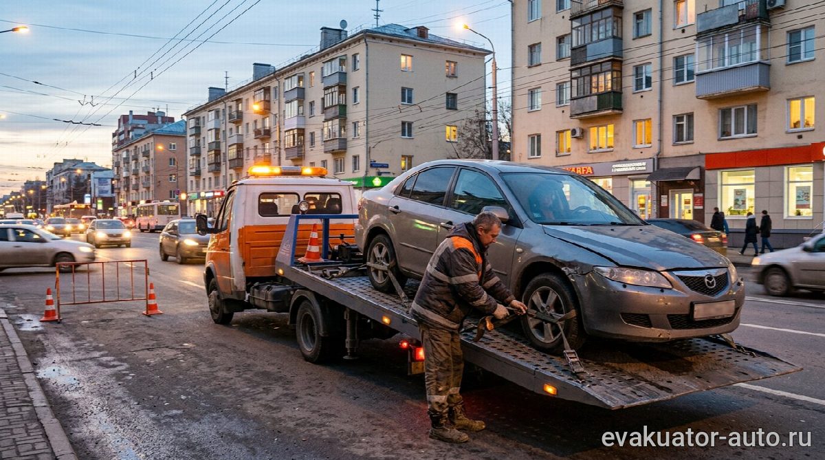 Процесс эвакуации автомобиля на эвакуаторе в Нижнем Новгороде