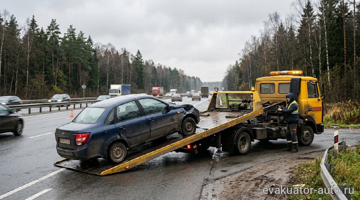 Эвакуатор с частичной погрузкой автомобиля на трассе М7 возле Ворсмы