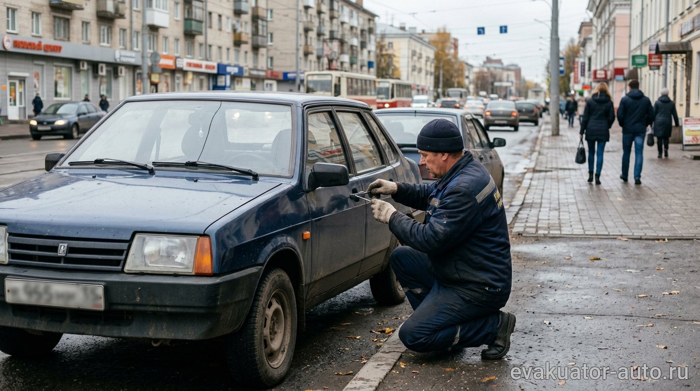 Мастер вскрывает дверь автомобиля специальным инструментом
