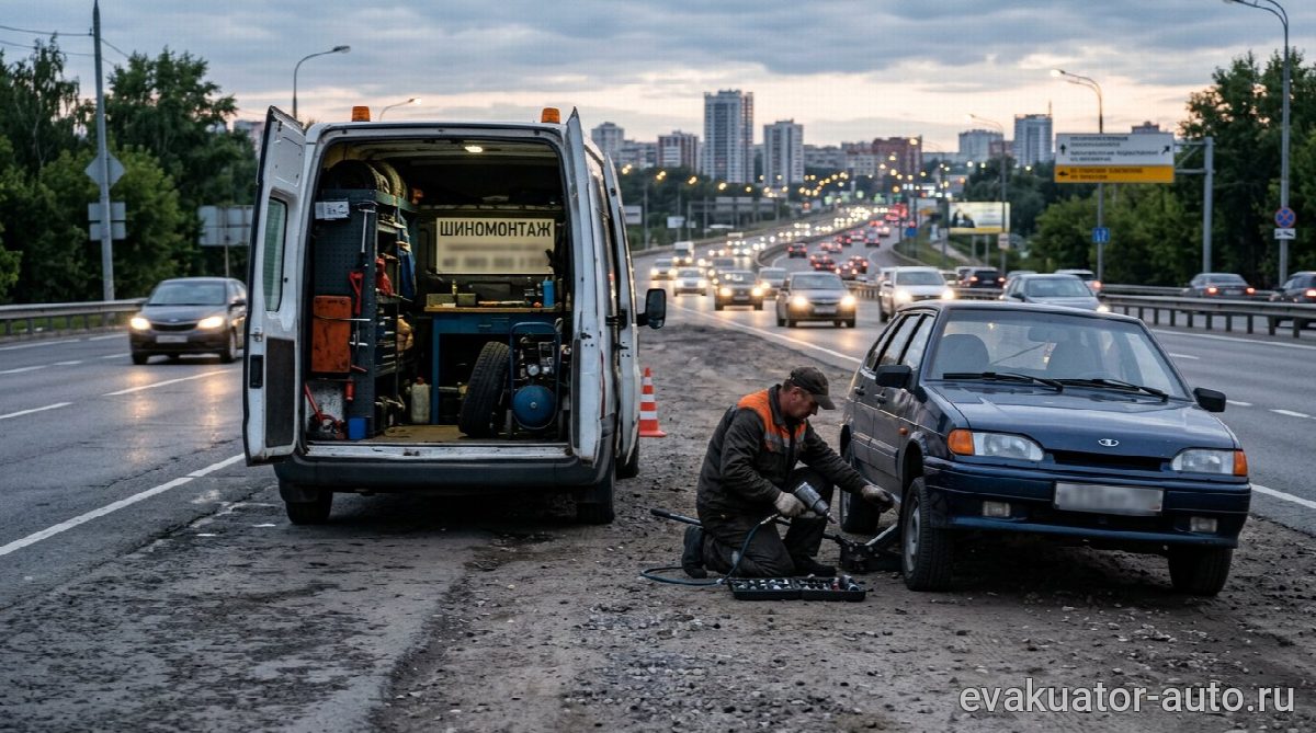 Микроавтобус выездного шиномонтажа на дороге в Нижнем Новгороде