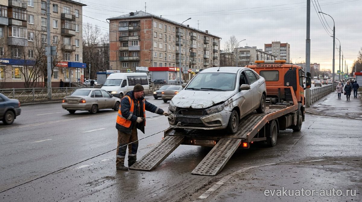 Погрузка автомобиля на эвакуатор с помощью лебёдки