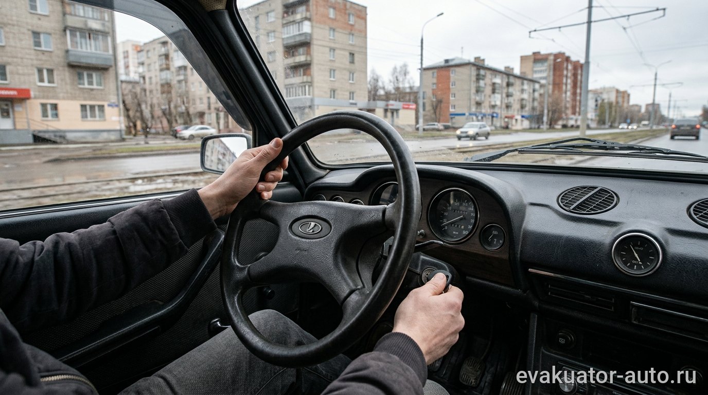 Водитель пытается повернуть ключ зажигания, одновременно слегка покачивая руль в обе стороны