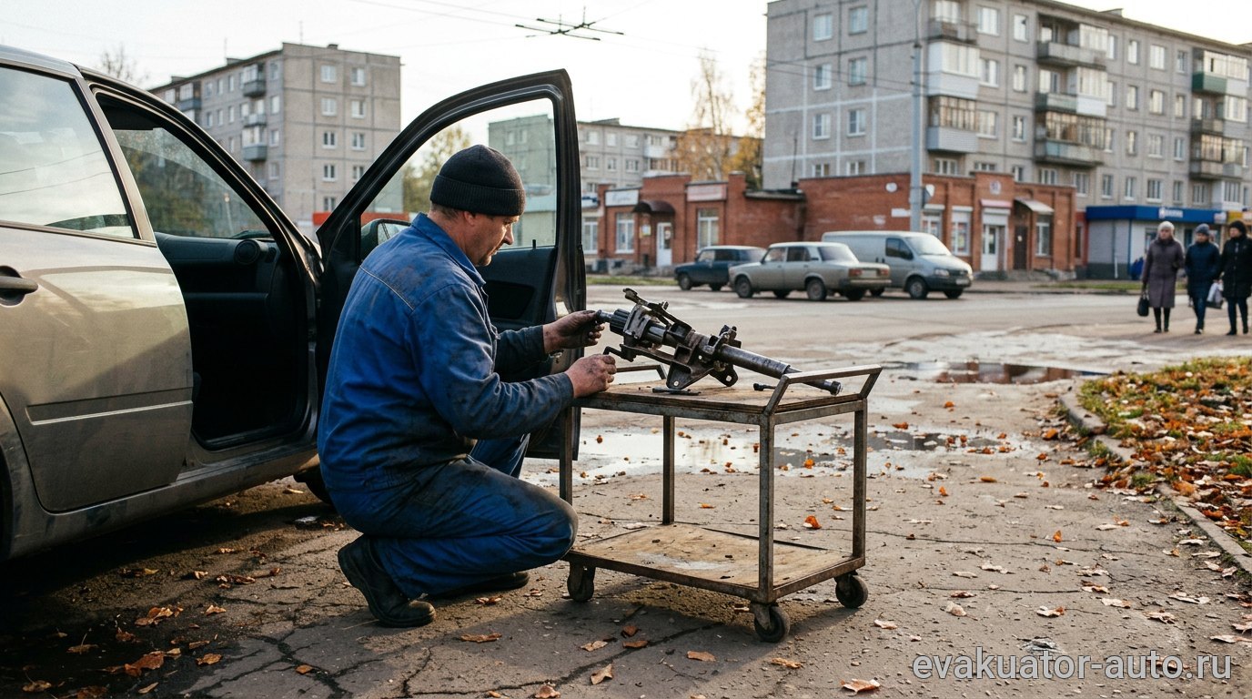 Схематичное изображение блокиратора рулевого вала в заблокированном и разблокированном состоянии