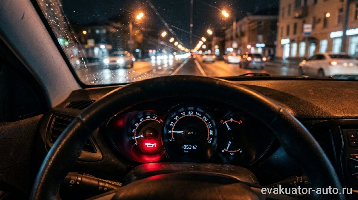 Приборная панель автомобиля с горящей красной лампой давления масла