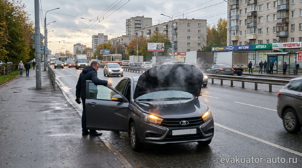 Автомобиль с заклинившим двигателем стоит на обочине с включенной аварийной сигнализацией