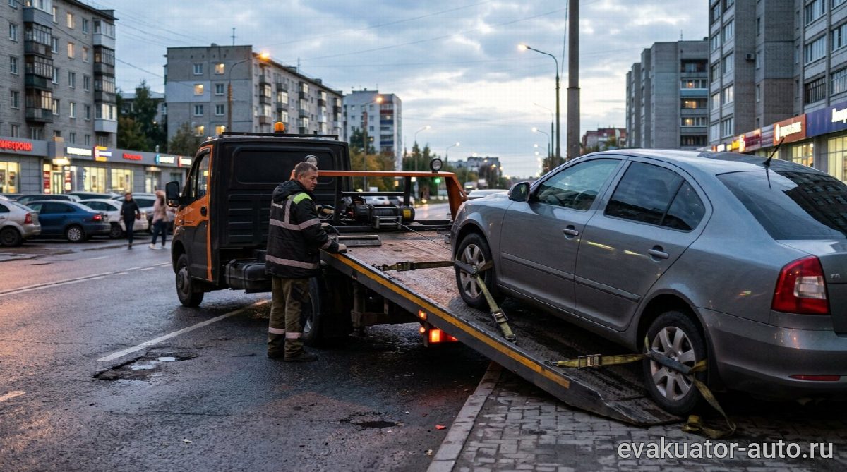 Эвакуатор полностью загружает легковой автомобиль на платформу