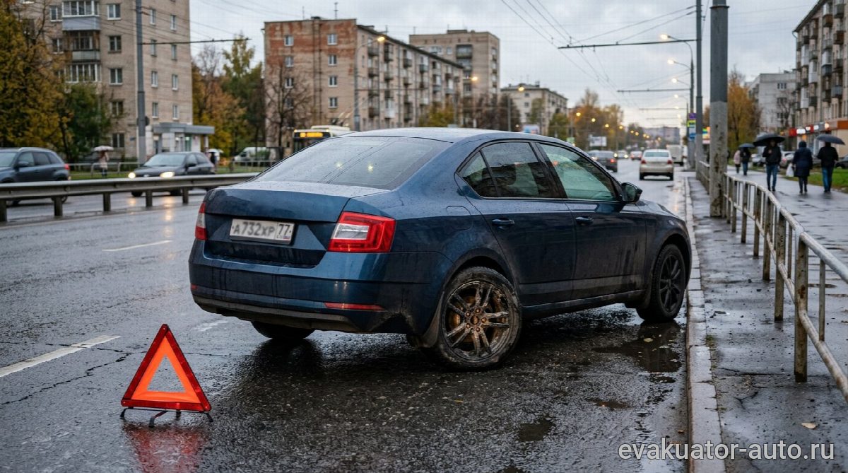 Автомобиль с заблокированным задним колесом стоит на обочине