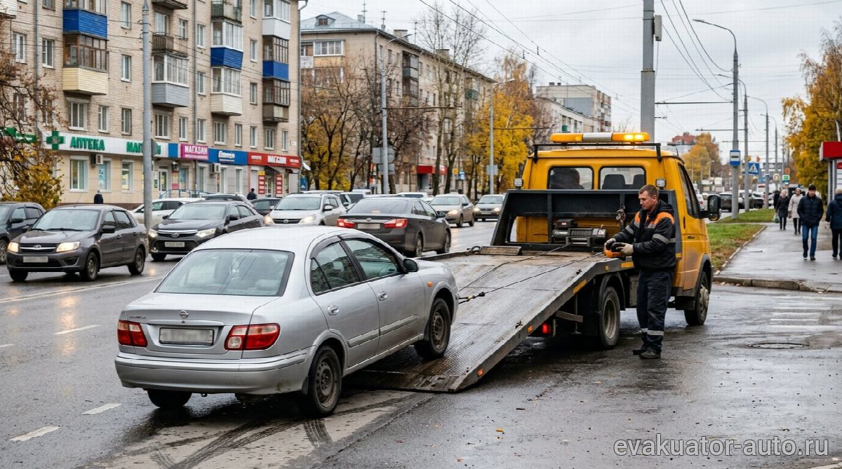 Эвакуатор с частичной погрузкой забирает машину с заблокированными колесами