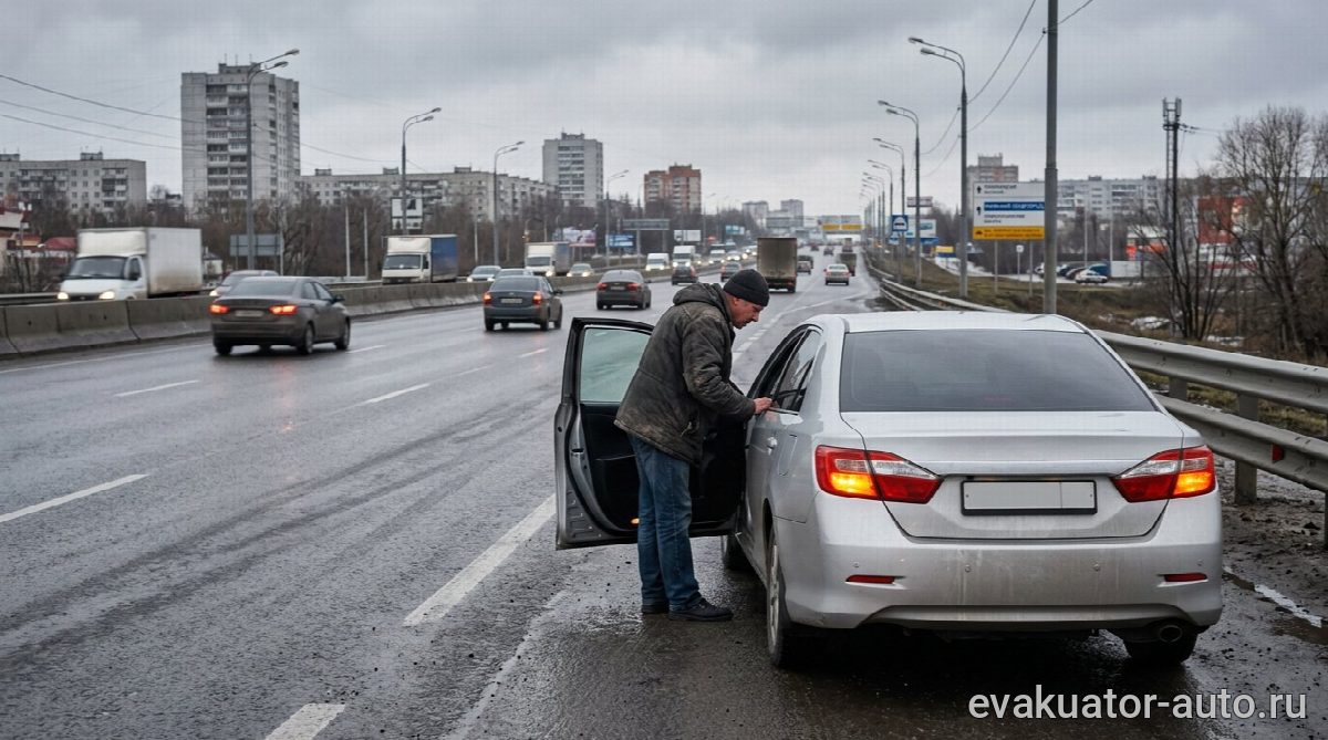 Автомобиль, заглохший на обочине трассы с включенной аварийной сигнализацией