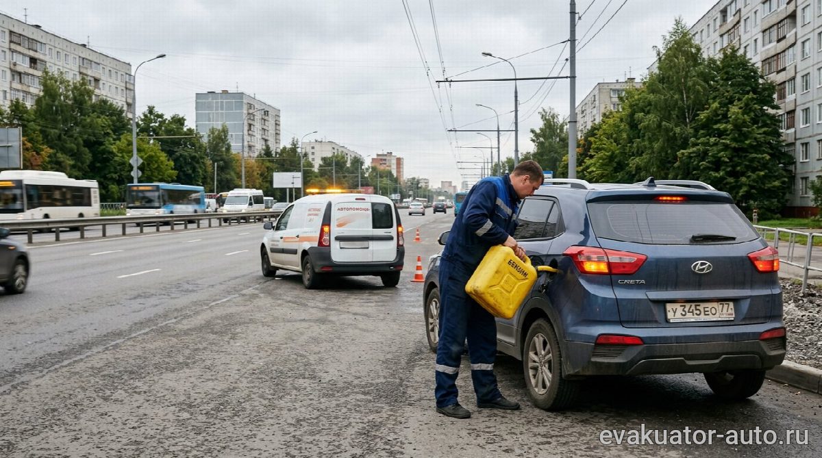 Специалист с канистрой бензина возле заглохшей машины